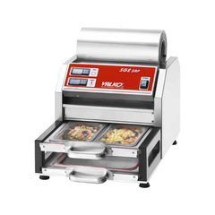 Halbautomatische Verpackungsmaschine für Auflaufformen 320x270x110mm mit pneumatischem Antrieb und heißsiegelfähiger Folie SG2-SAP