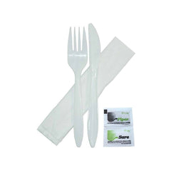 Weißes, kompostierbares Besteckset mit Salz und Pfeffer