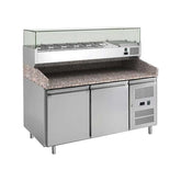 Masă pizza 60x40cm, inox, 2 uși, blat granit și vitrină ingrediente, GMPZ2600TN +V1500/380, Bonner