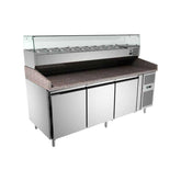 Masă pizza 60x40cm, inox, 3 uși, blat granit și vitrină ingrediente, GMPZ3600TN + V2000/380, Bonner