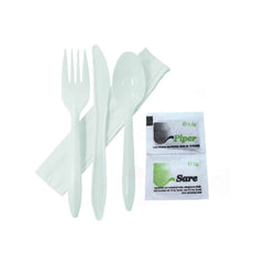 Weißes, kompostierbares Besteckset mit Salz und Pfeffer