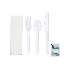 Weißes, kompostierbares Besteckset mit Salz und Pfeffer