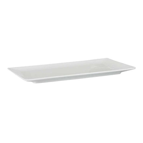 Platou dreptunghiular alb, dimensiuni 23.5x15.5cm, ideal pentru prezentarea elegantă a preparatelor.
