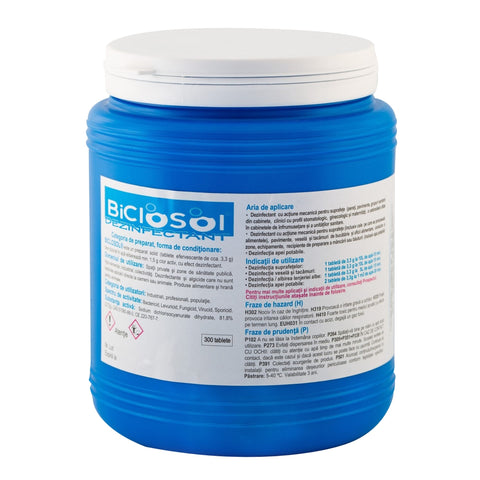 Flacon dezinfectant Biclosol cu 300 tablete, soluție eficientă pentru igiena HORECA.