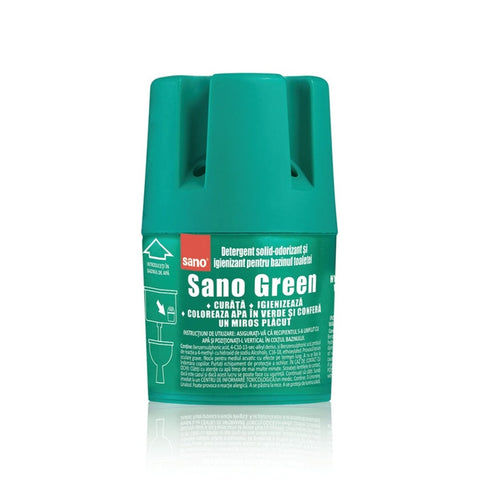 Odorizant profesional Sano Green pentru bazin WC, 150g, menține igiena și prospețimea în toaletele HORECA.