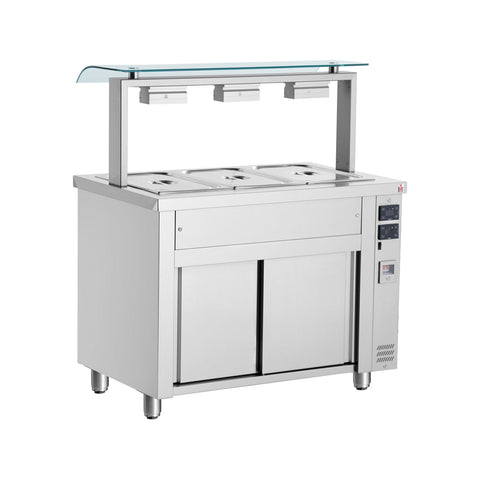 Bain-Marie mit beheiztem Schrank, einfacher Spuckschutz, 3 GN1/1-Flaschen, Inomak