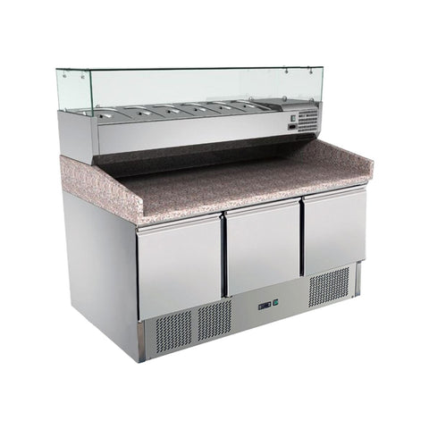 Masă pizza GN 1/1, inox, 3 uși, blat granit și vitrină ingrediente, GMS903PZ + V1400/380, Bonner