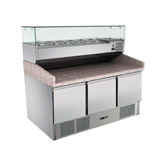 Masă pizza GN 1/1, inox, 3 uși, blat granit și vitrină ingrediente, GMS903PZ + V1400/380, Bonner