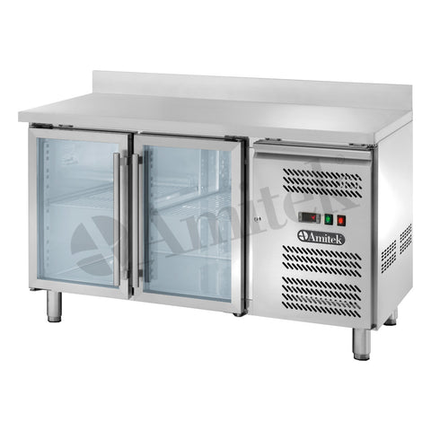 Masă frigorifică ventilată GN 1/1 Amitek AK2204TNG, uși de sticlă, cu bordură spate, 1360 × 700 mm