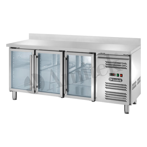 Masă frigorifică ventilată GN 1/1 Amitek AK3204TNG, uși de sticlă, cu bordură spate, 1795 × 700 mm