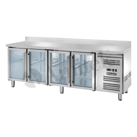 Masă frigorifică ventilată GN 1/1 Amitek AK4204TNG, uși de sticlă, cu bordură spate, 2230 × 700 mm