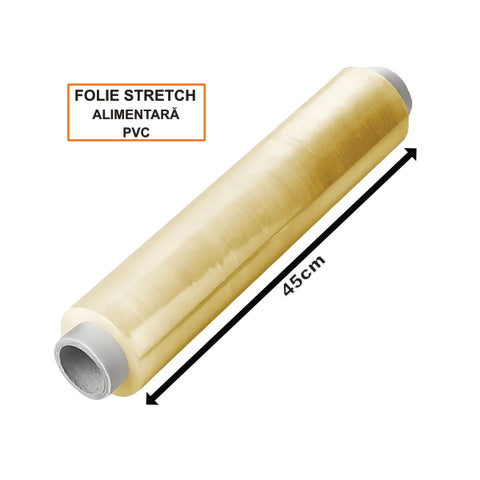 Folie stretch PVC profesională 45cm x 1500m, pentru ambalarea și păstrarea alimentelor în HORECA.