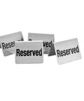 Set 4 semne masă "Rezervat/Reserved" din inox, 50x35x40mm, pentru restaurante și evenimente HORECA.