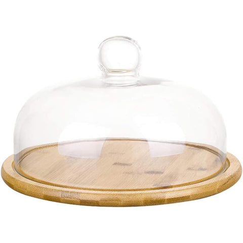 Tavă elegantă pentru prăjituri din sticlă cu bază de lemn, diametru 23.5 cm, ideală pentru HORECA.