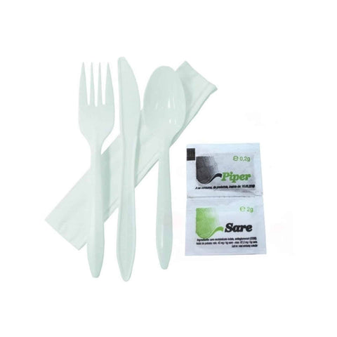 White compostable cutlery set with salt+pepper
