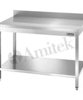 Masă de lucru inox cu poliță inferioară Amitek, cu bordură spate