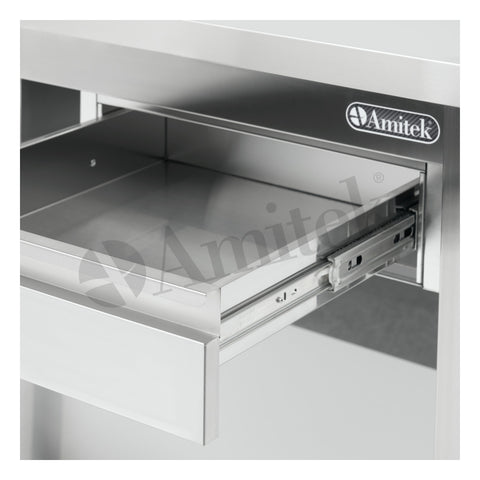 Masă de lucru inox cu poliță inferioară și sertare Amitek, fără bordură spate