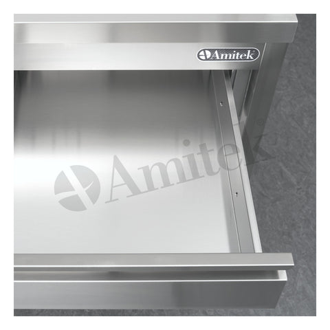 Masă de lucru inox cu poliță inferioară și sertare Amitek, fără bordură spate
