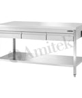 Masă de lucru inox cu poliță inferioară și sertare Amitek, fără bordură spate